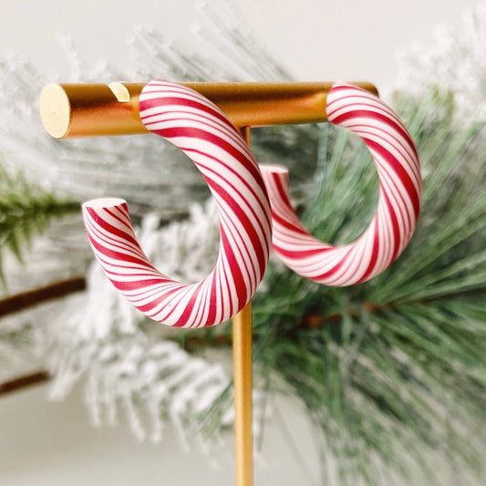 Candy Cane Hoops - Red | Polymer Clay Christmas Earrings