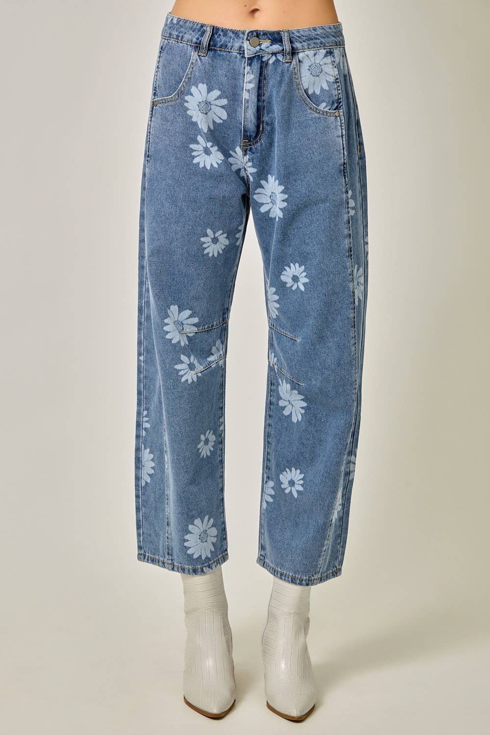 Korrine Printed Barrel Denim Jeans in Dark Denim