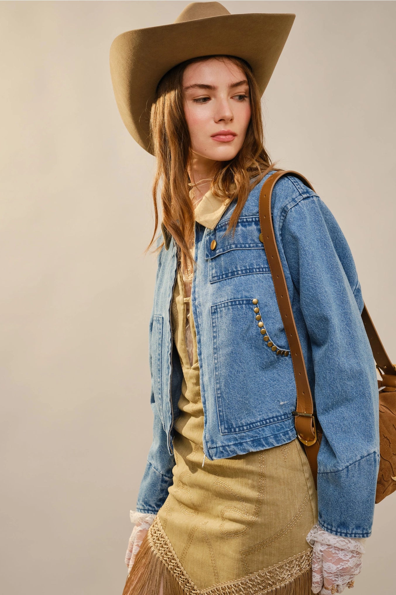 Corinne Stud Trimmed Cropped Denim Jacket