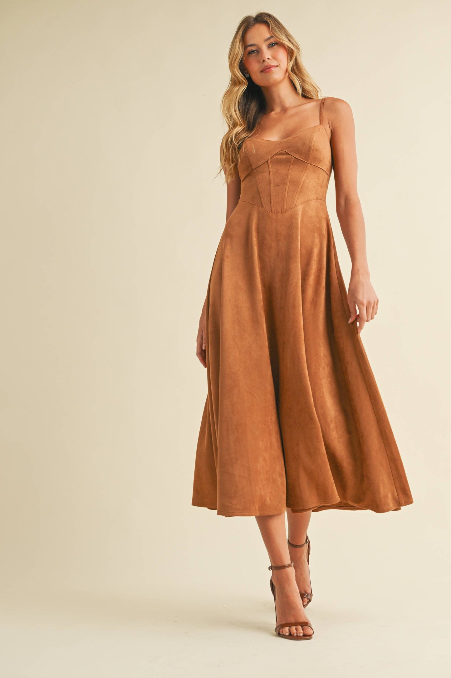 Emma Suede Corset Midi Dress in Camel