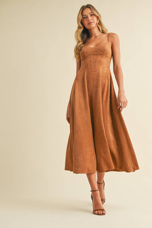 Emma Suede Corset Midi Dress in Camel