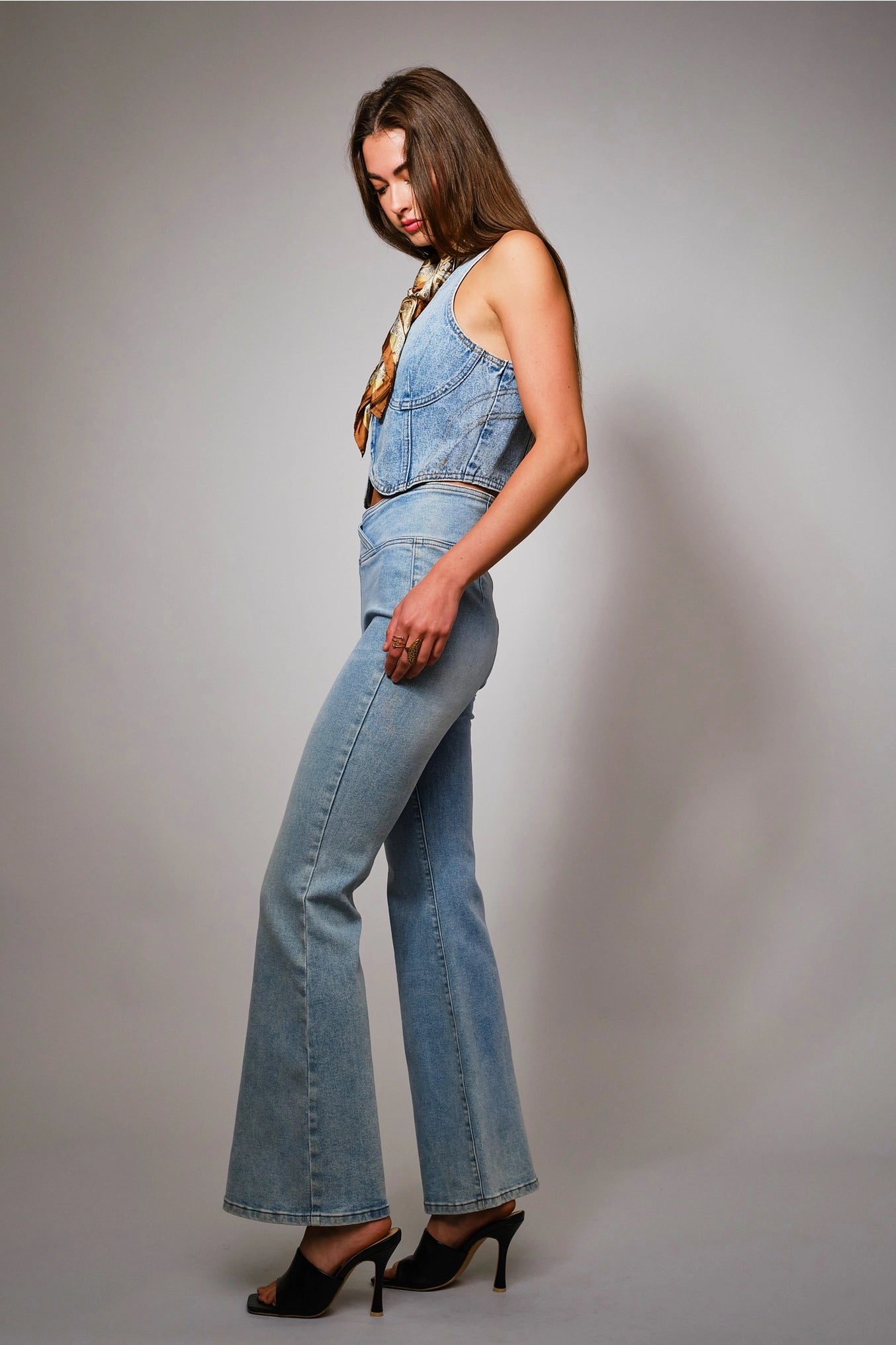 Stephanie Plunge Neck Hook Closure Bustier Crop Denim Top