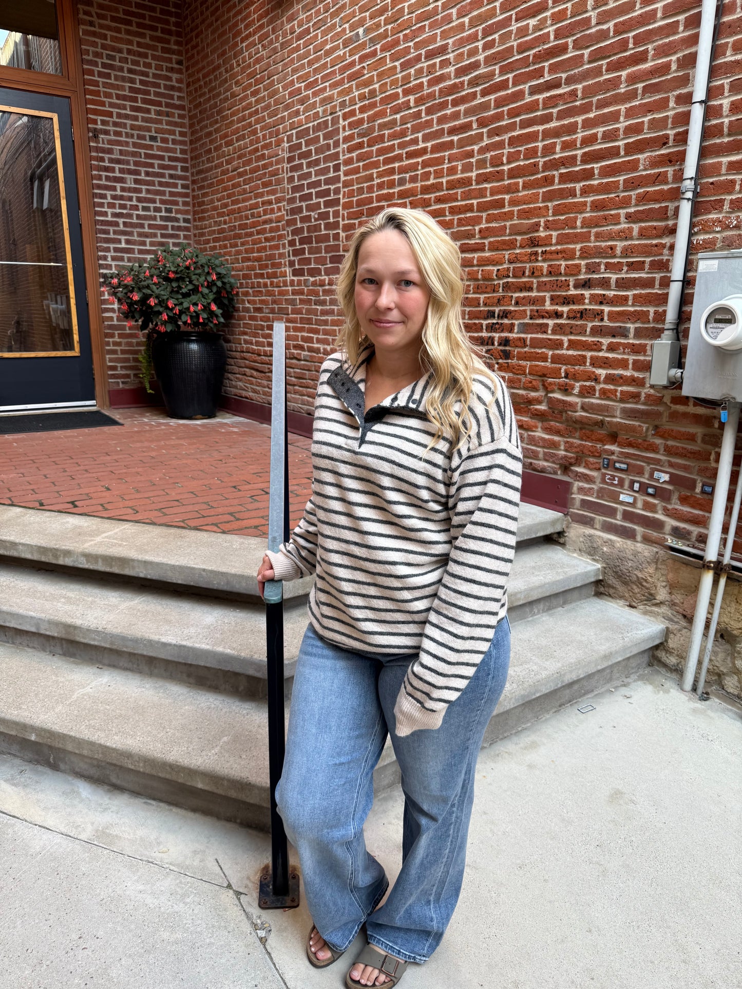 Charolette Mock Half Button Neck Striped Sweater