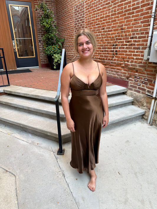 Ariana Sleeveless Satin Maxi Dress in Brown