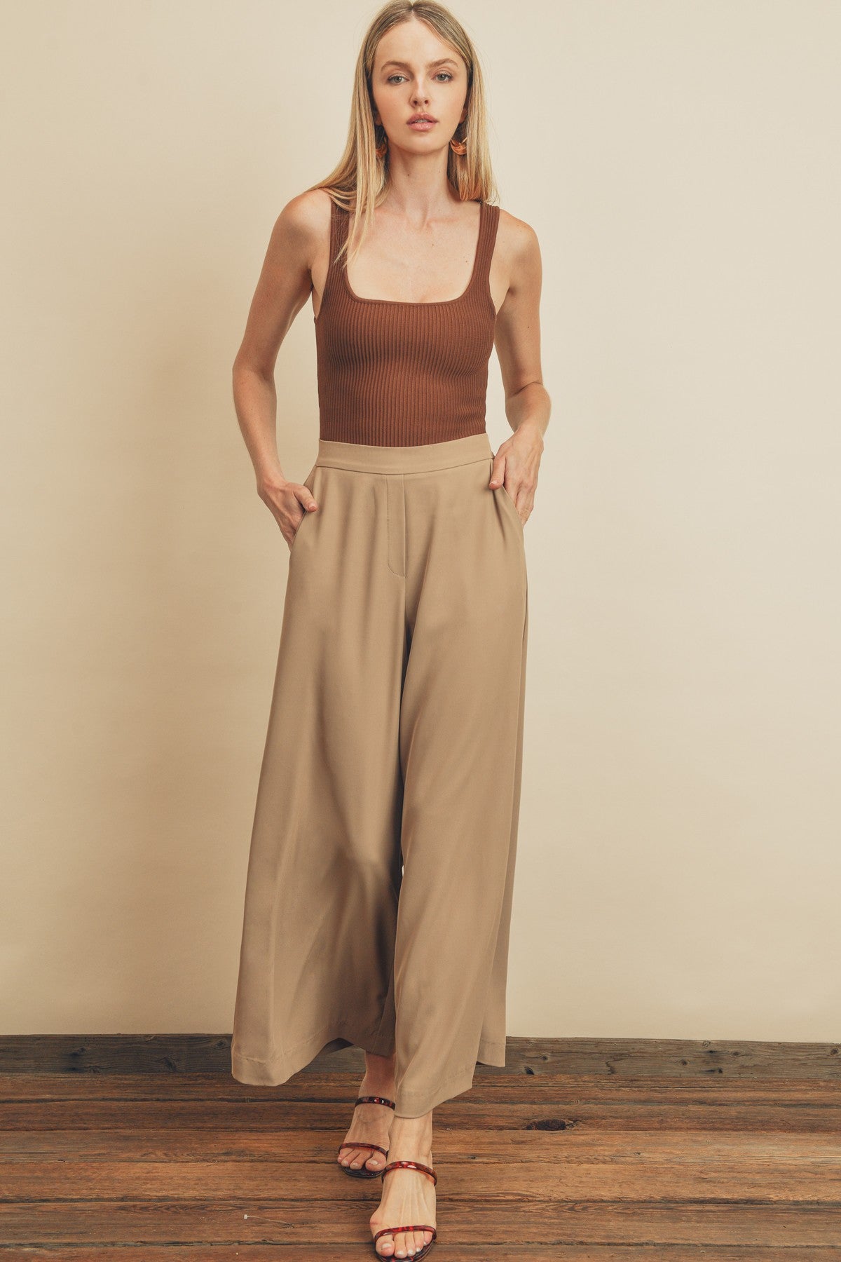 Elle Extra Wide Leg Pull-On Pants in Tan