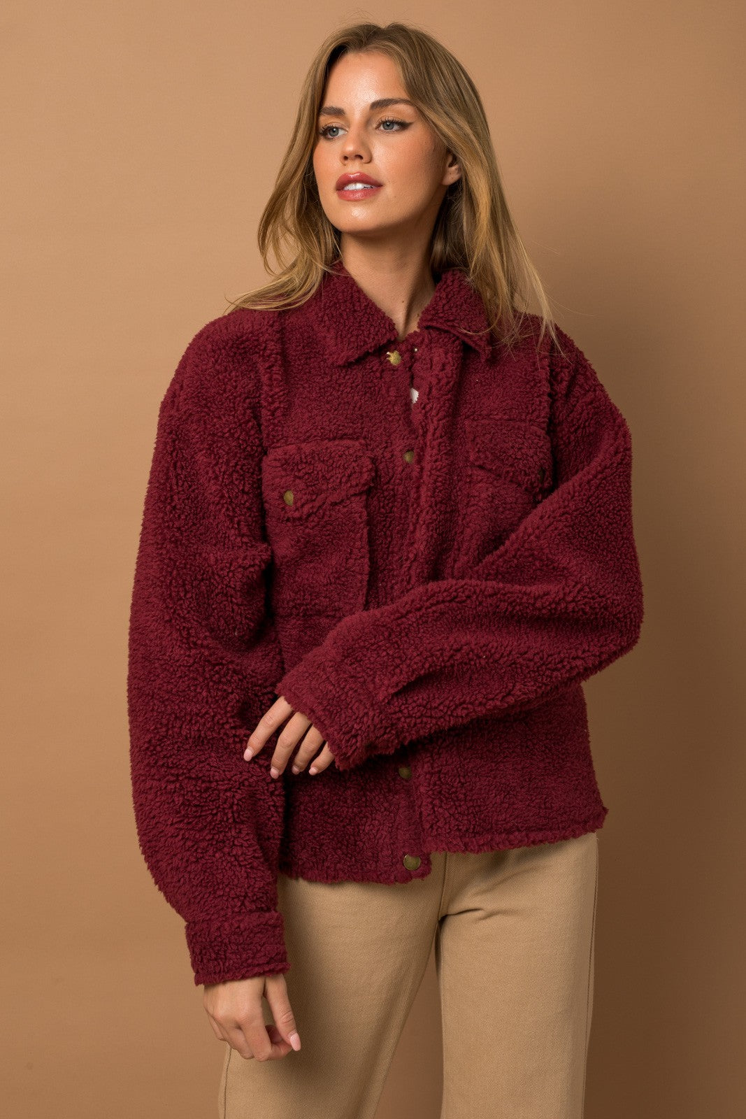 Sadie Shearling Shacket Burgundy in Plus
