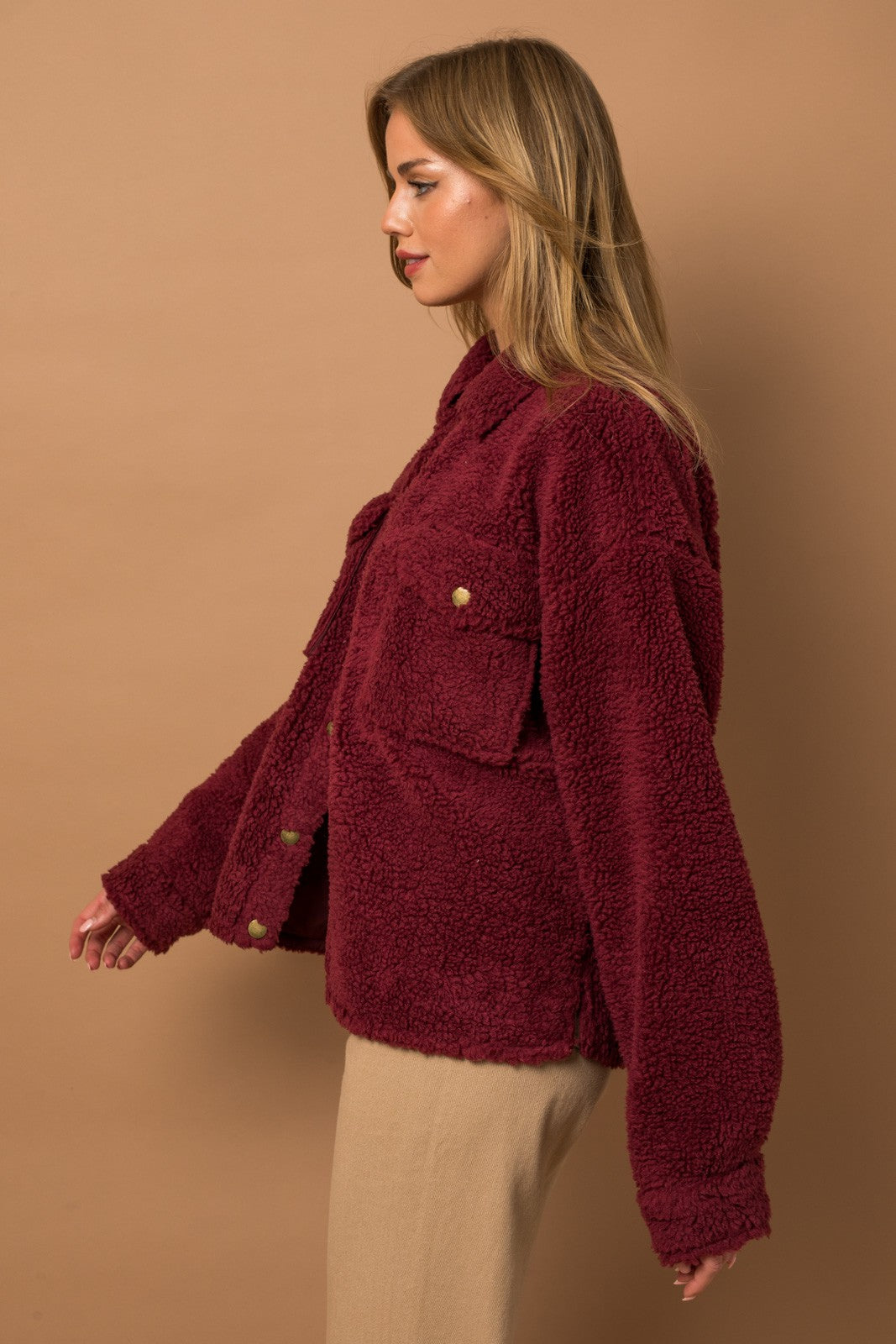 Sadie Shearling Shacket Burgundy in Plus