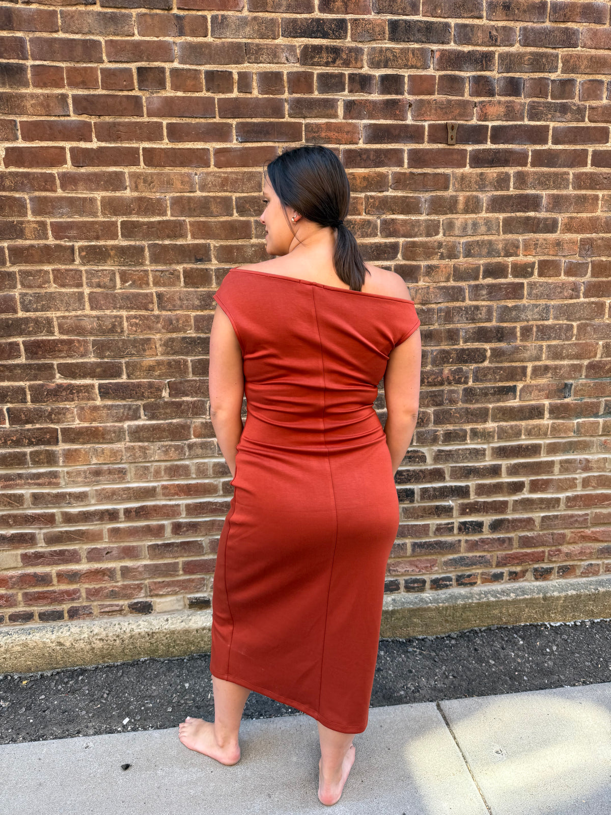 Lauren One Shoulder Midi Dress in Rust