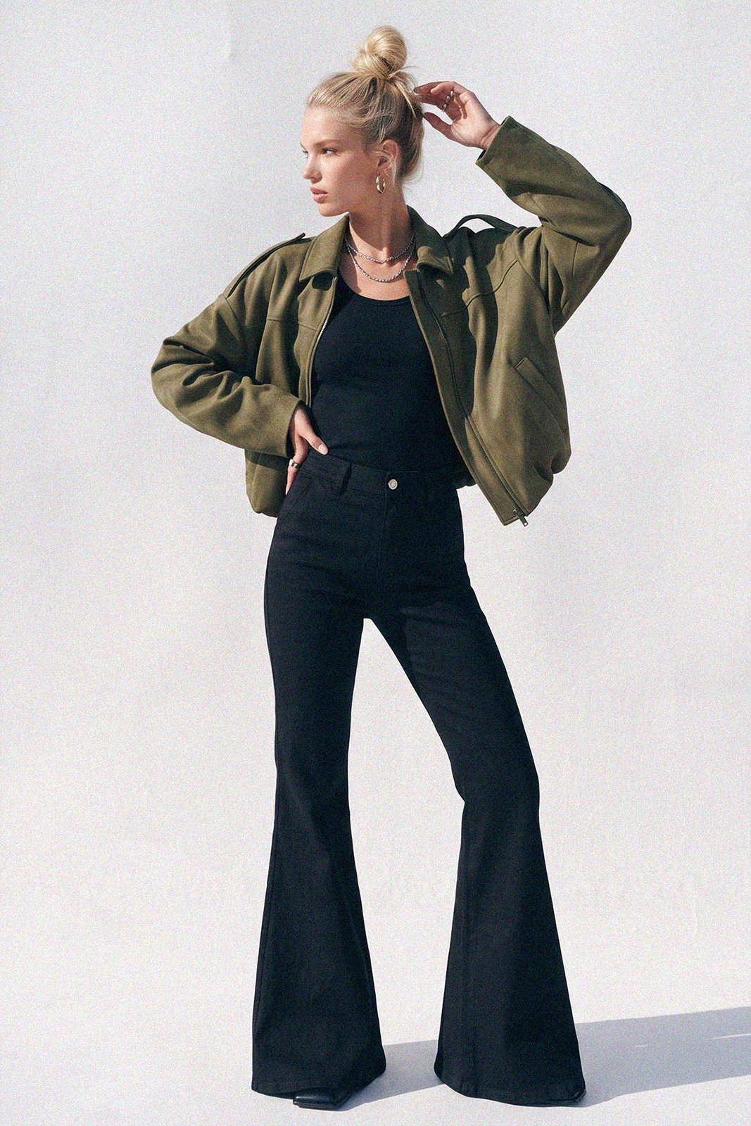 Willow Micro Faux Suede Bomber Jacket in Olive