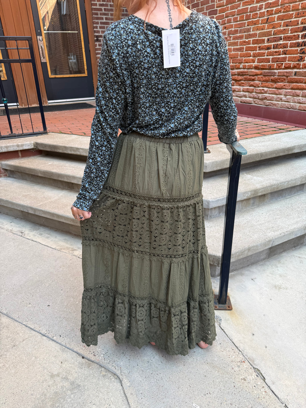 Afton Elastic Waist Maxi Skirt with Lace Trim in Olive