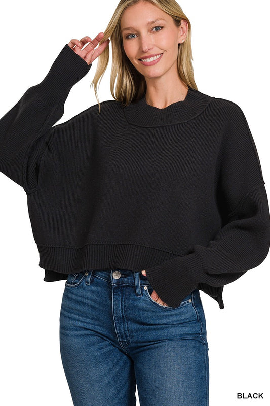 Torrie Side Slit Oversized Cropped Sweater in Black
