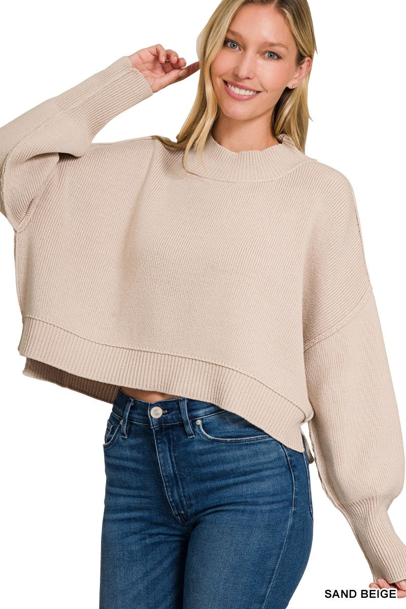Torrie Side Slit Oversized Cropped Sweater in Sand Beige
