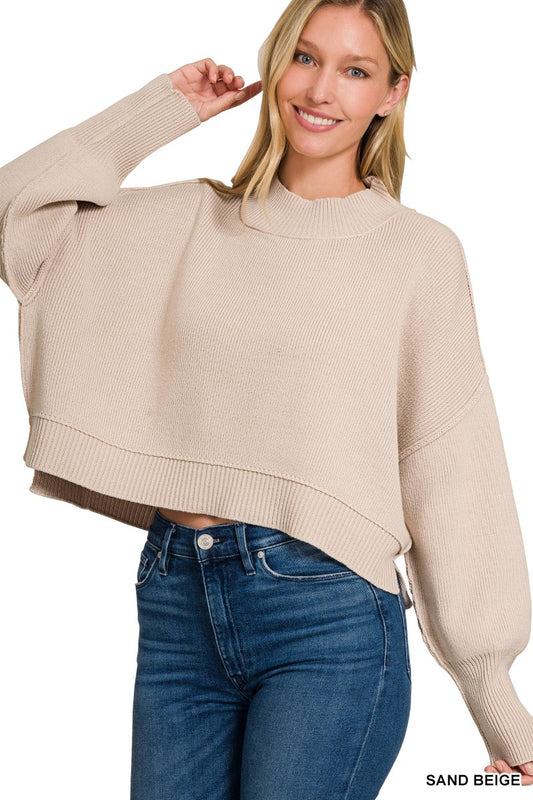 Torrie Side Slit Oversized Cropped Sweater in Sand Beige