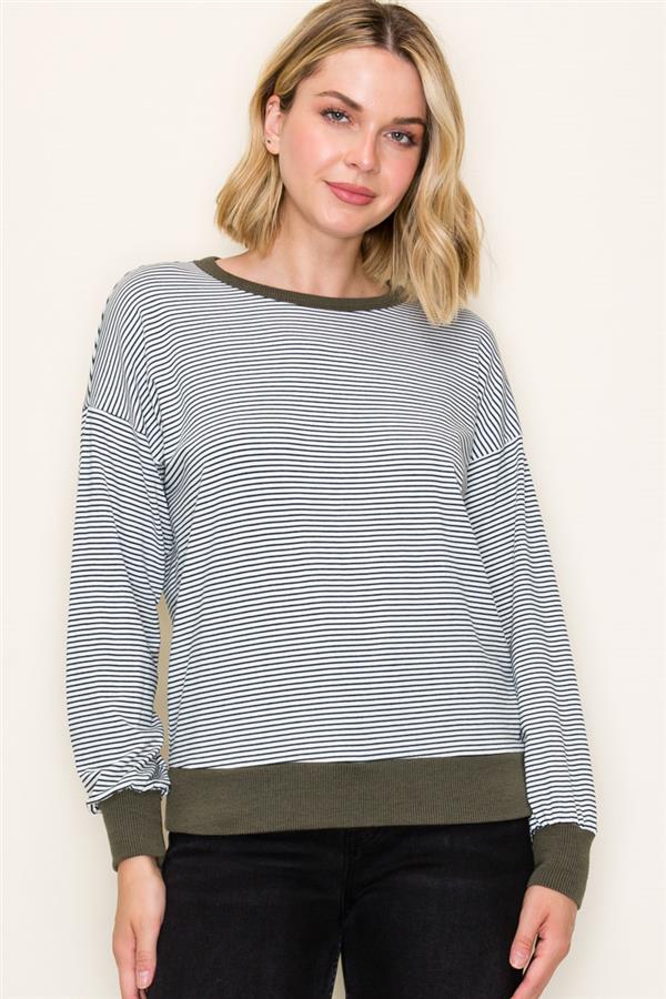 Cora Striped Pullover Top in Hunter Green