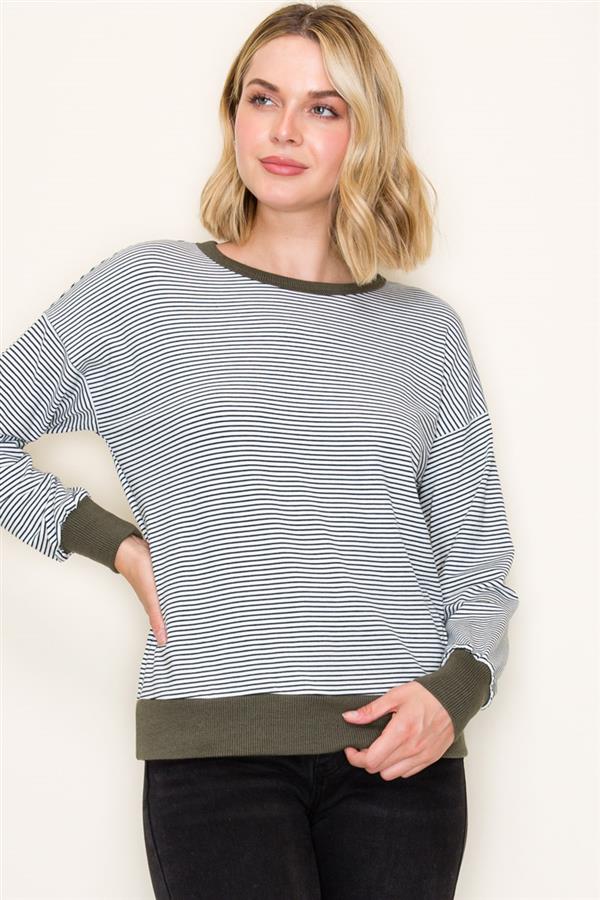 Cora Striped Pullover Top in Hunter Green