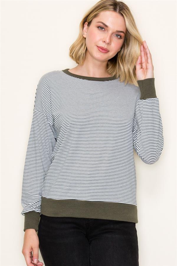 Cora Striped Pullover Top in Hunter Green