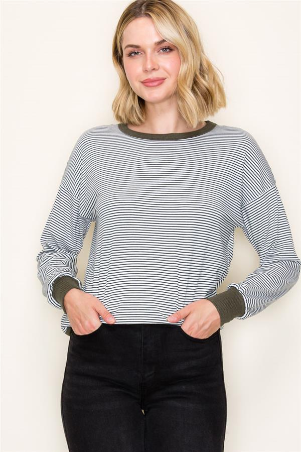 Cora Striped Pullover Top in Hunter Green