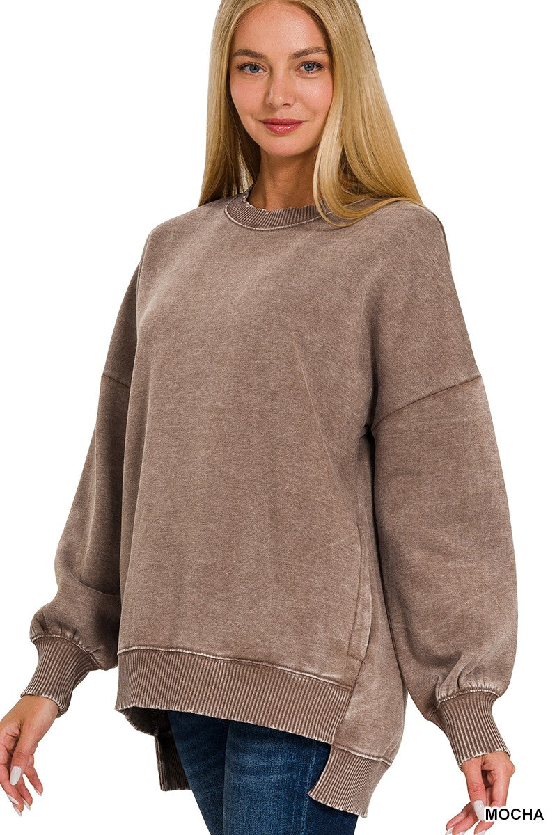 Melanie Mocha Acid Wash Fleece Pullover
