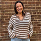 Tera Stripe Raw Edge Split Neck Sheer Knit Sweater