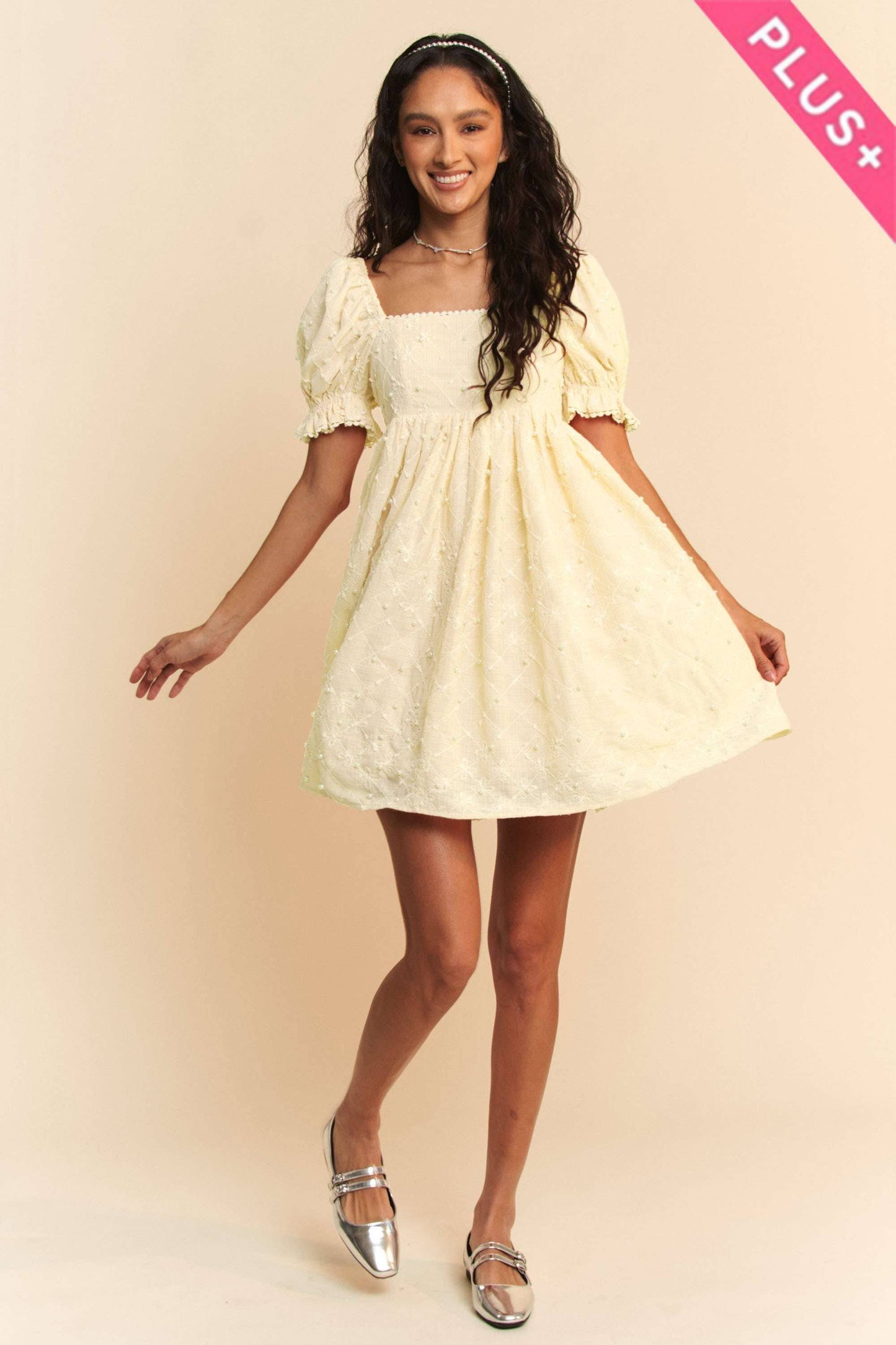 Lexi Flower Balloon Sleeve Mini Dress in Plus Size