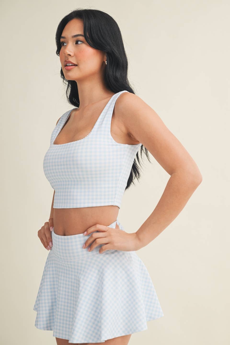 Blue Gingham Print Crop Tank with Lace Trim