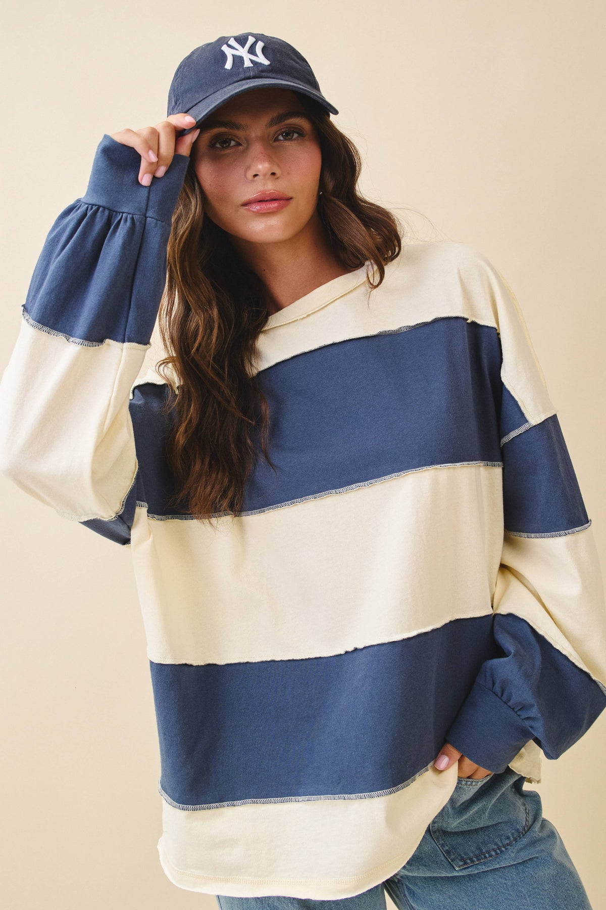 Angela Oversized Color Block Long Sleeve Pullover in Navy