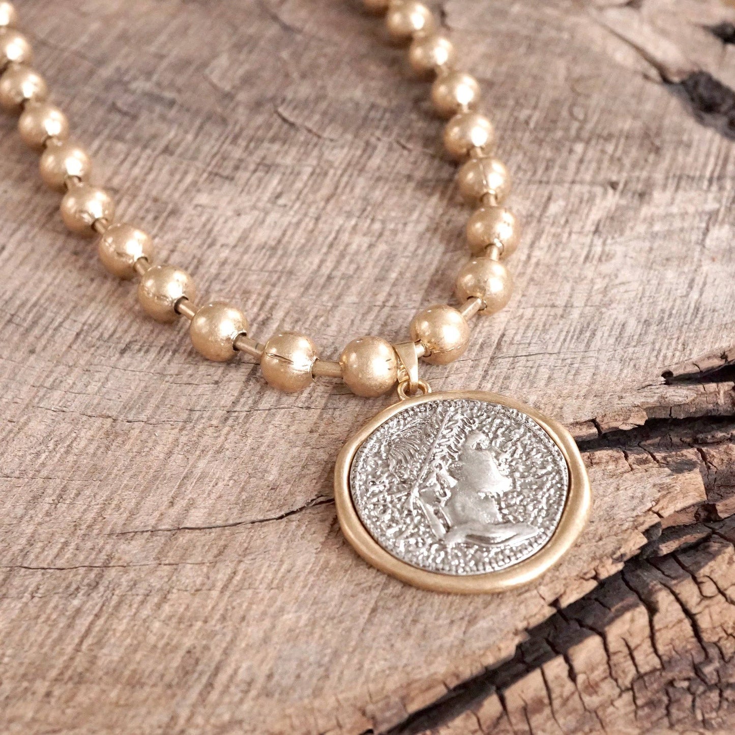 Coin Chunky Ball Chain Statement Necklace in Gold Tones