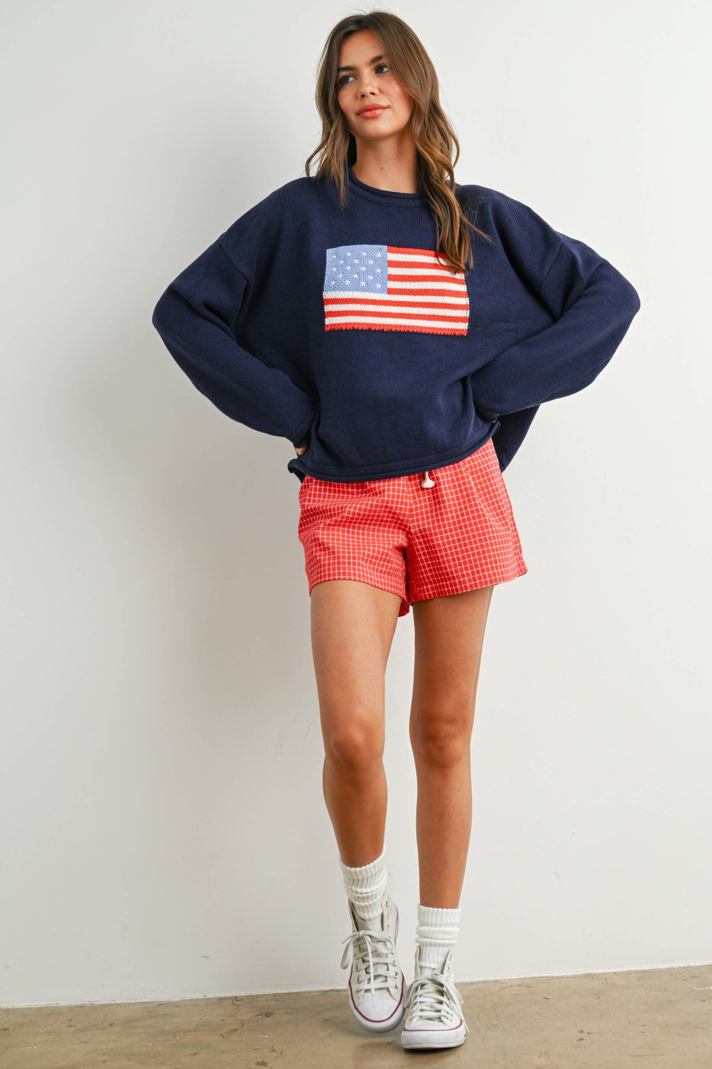 Renae Graphic Knit Long Sleeve Top in Navy