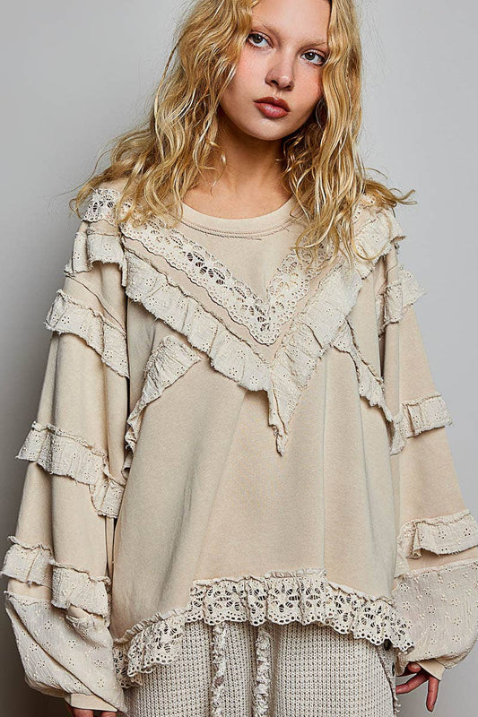 Amanda French Terry Eyelet Ruffle Vintage Washing Solid Knit Top in Nude Beige