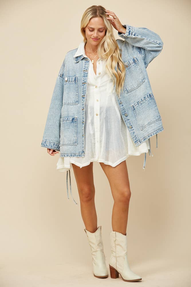 Adeline Boho Side Tie Oversized Denim Jacket