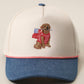 Golden Retriever Holding USA Flag Denim Brim Trucker Hat in Light Denim