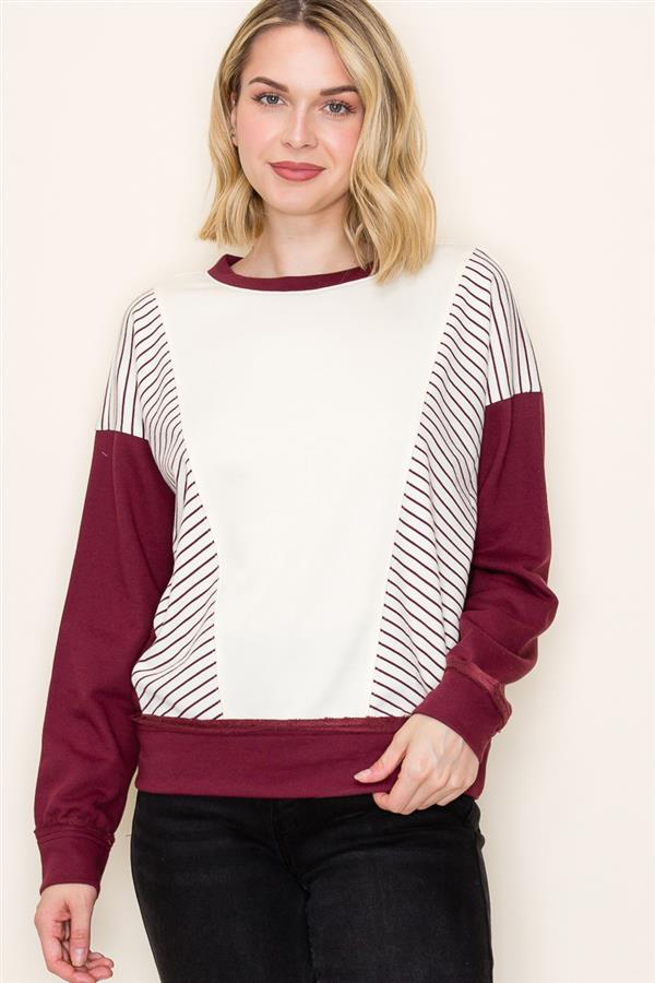 Ember Striped Terry Sweatshirt in Maroon
