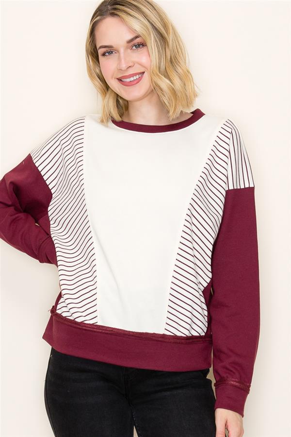 Ember Striped Terry Sweatshirt in Maroon