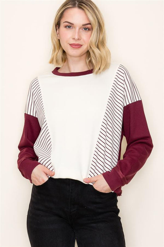 Ember Striped Terry Sweatshirt in Maroon