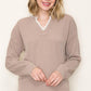 Aria Blanket Stitched Split Neck Top in Taupe