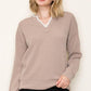 Aria Blanket Stitched Split Neck Top in Taupe