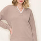 Aria Blanket Stitched Split Neck Top in Taupe