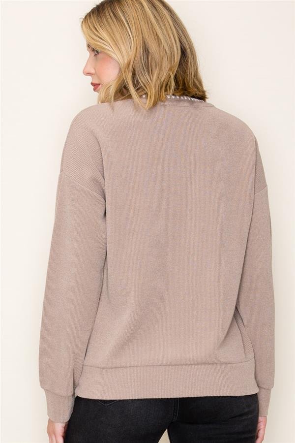 Aria Blanket Stitched Split Neck Top in Taupe