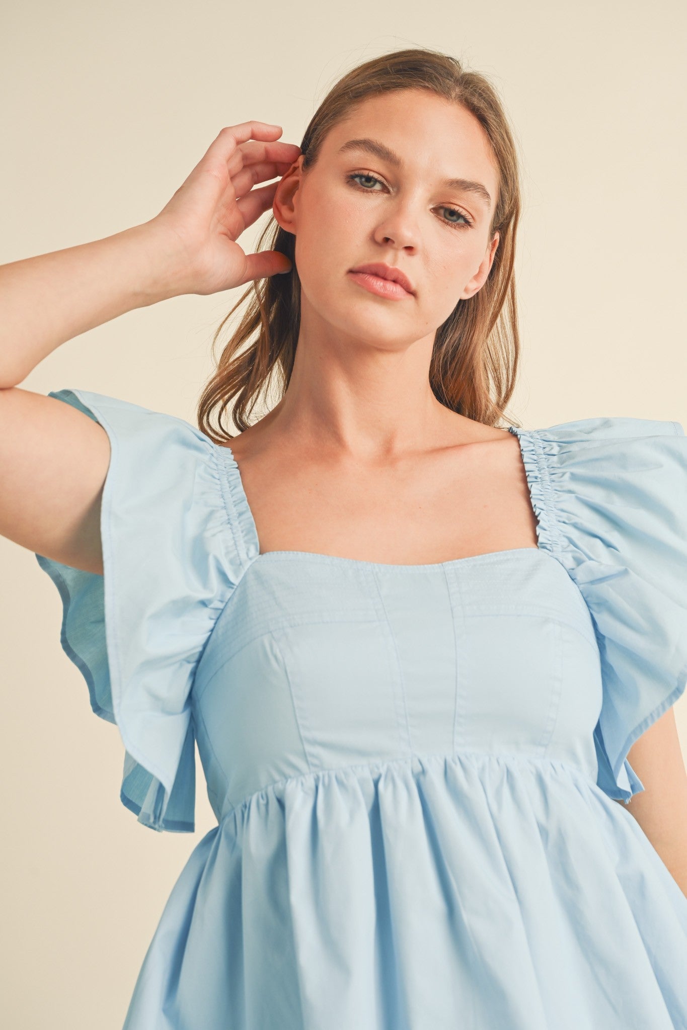 Everly Fluttered Ruffle Top in Baby Blue