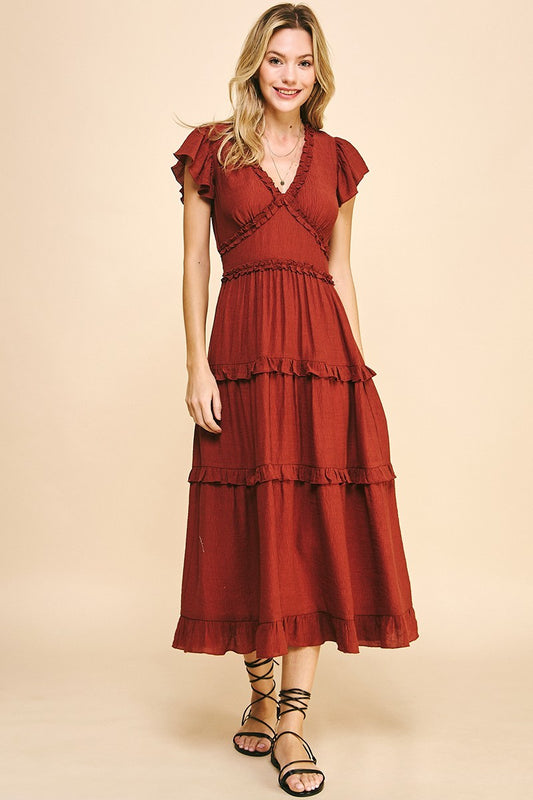Ashlynn Ruffled Tea Length Dress in Rust