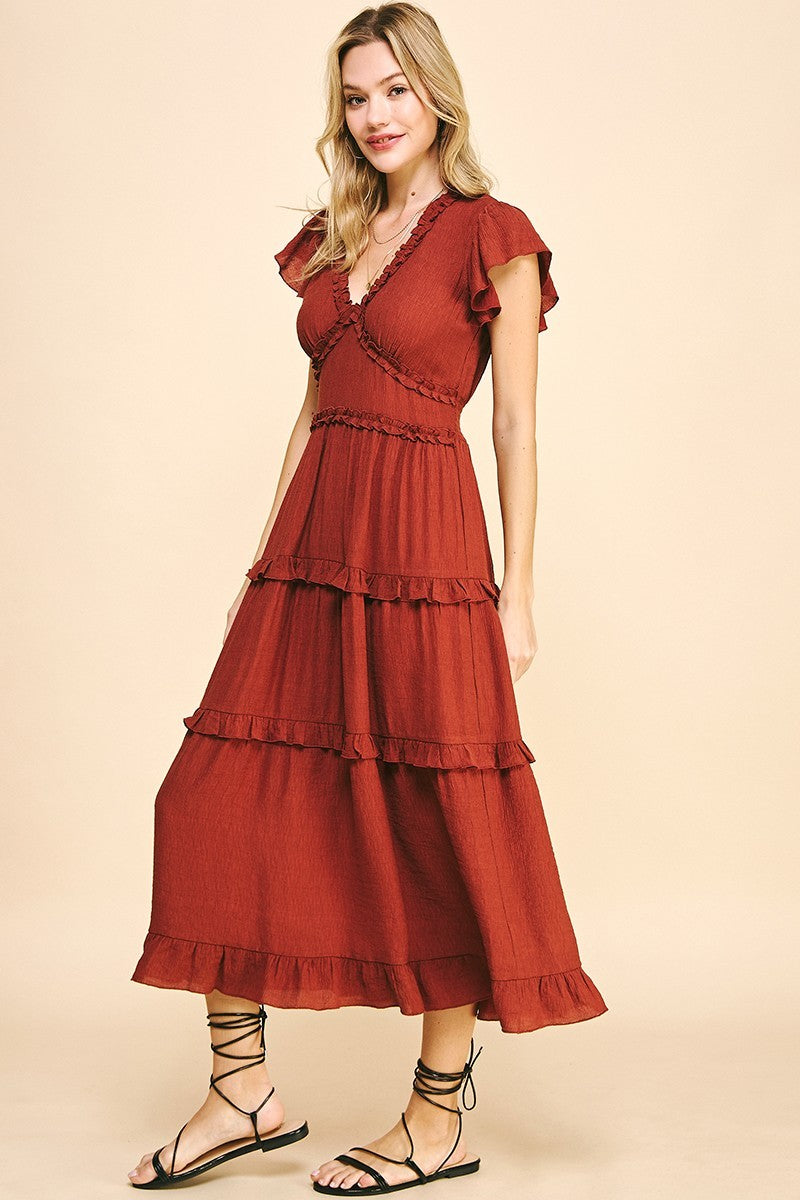 Ashlynn Ruffled Tea Length Dress in Rust