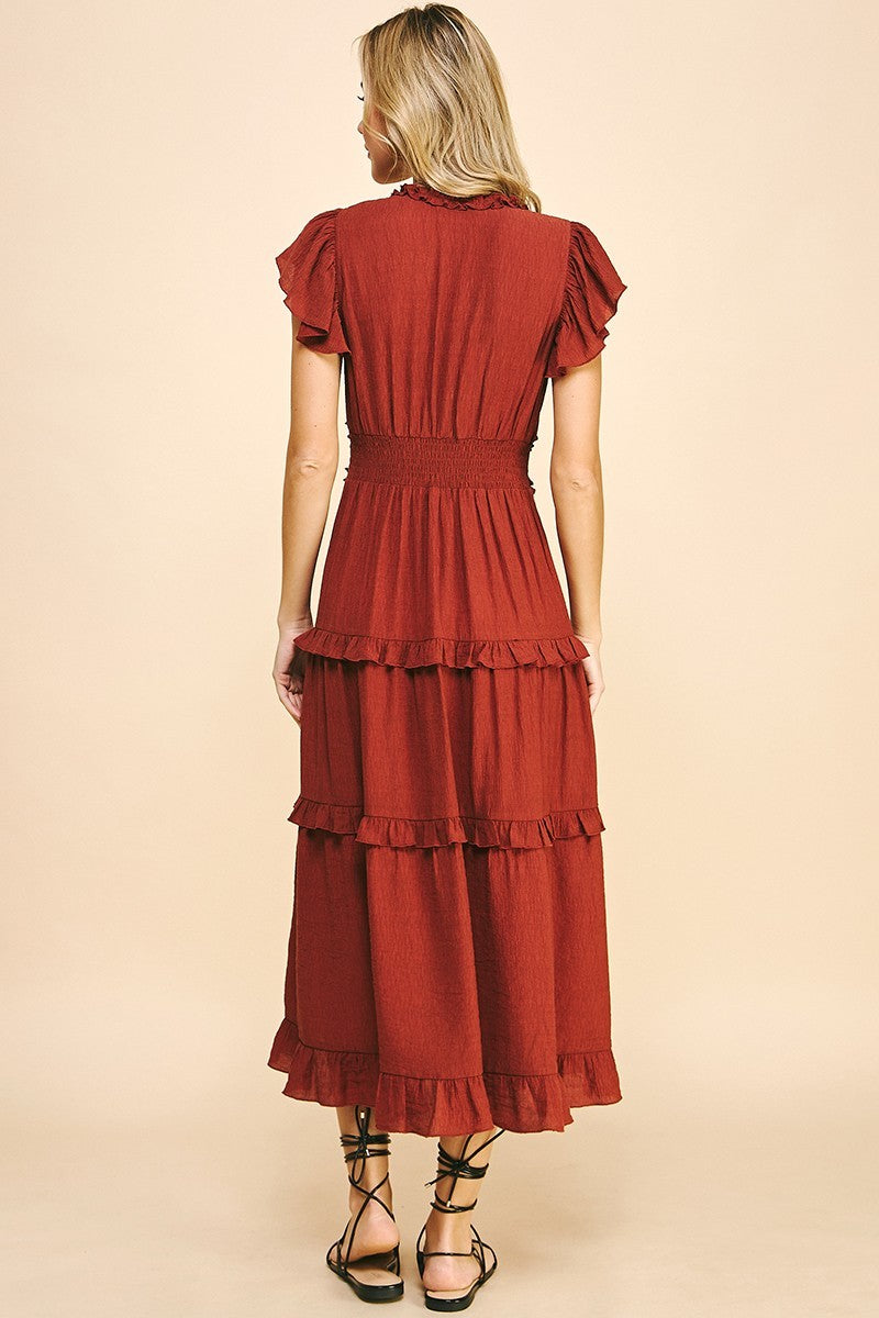 Ashlynn Ruffled Tea Length Dress in Rust