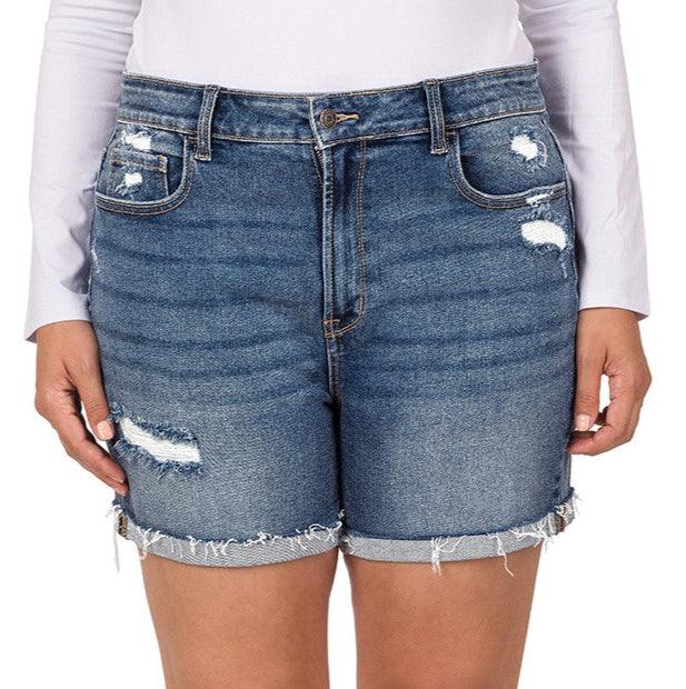 Rachel Destressed Denim Shorts in Plus Size
