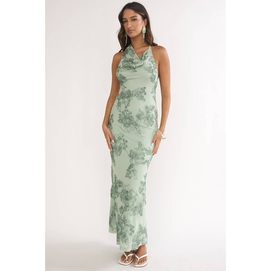 Bella Cowl Neck Embroidered Maxi Dress in Aqua Green