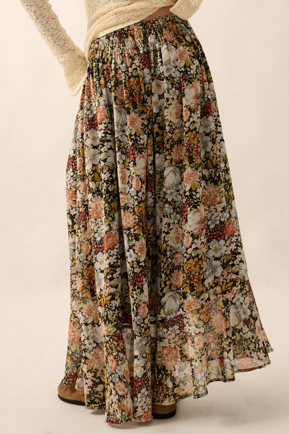 Courtney Floral Front Slit Woven Maxi Skirt in Black