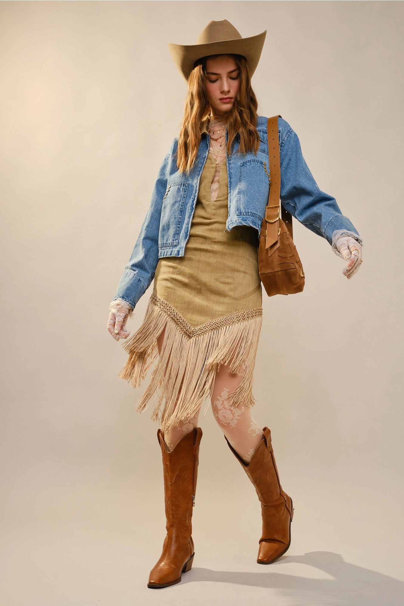 Corinne Stud Trimmed Cropped Denim Jacket