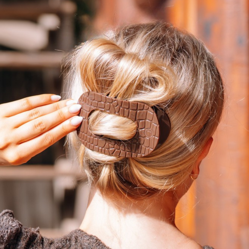 Large Brown Crocodile Flat Round Hair Clip