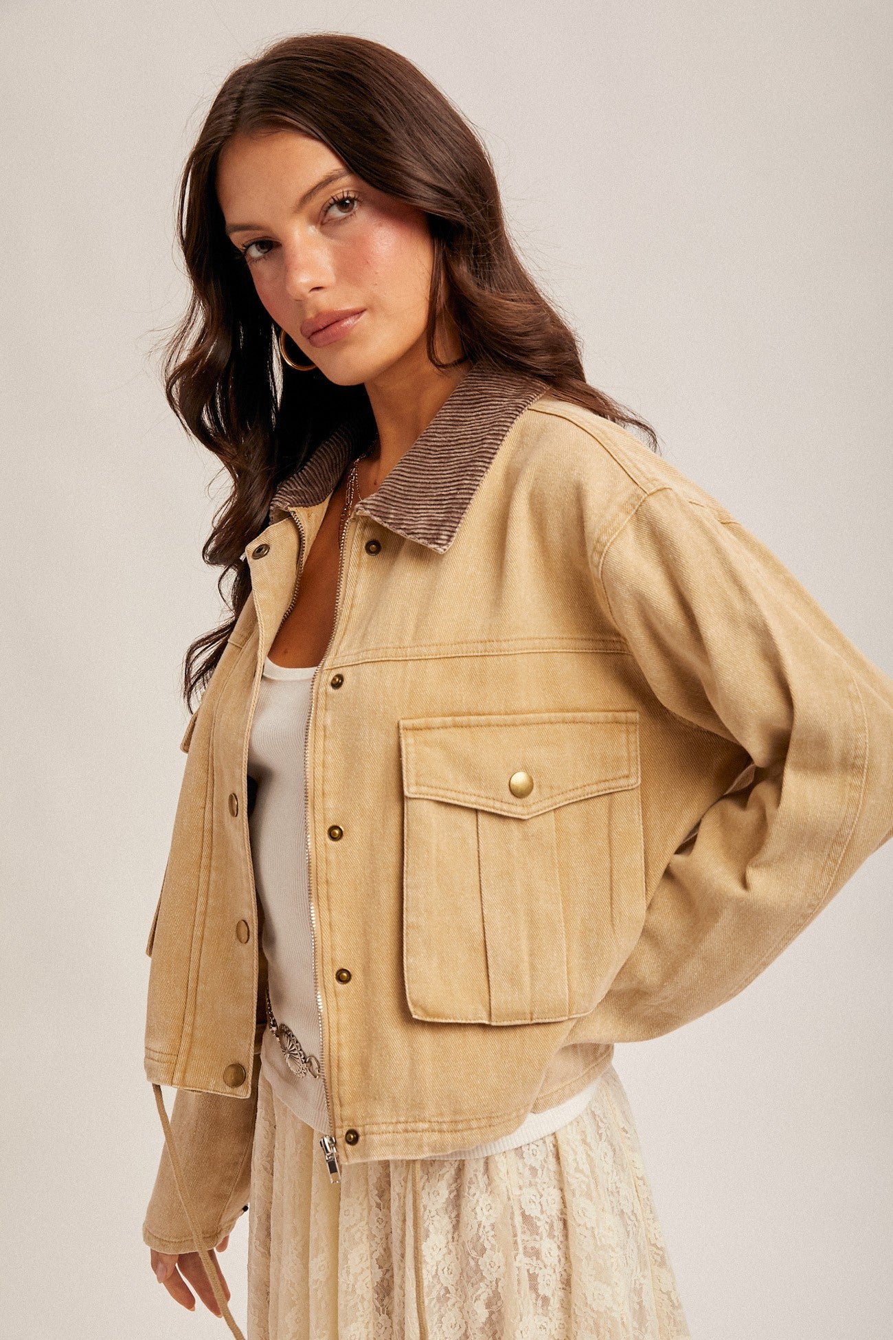 Kara Corduroy Collar Contrast Twill Crop Jacket