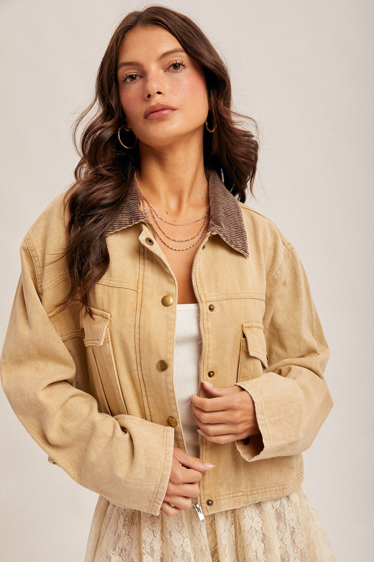 Kara Corduroy Collar Contrast Twill Crop Jacket