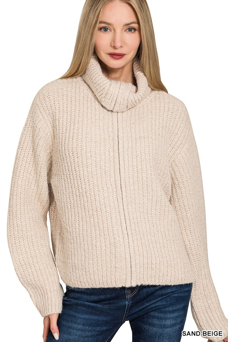 Sarah High Full Zip Neck Sweater in Sand Beige
